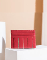 Cute Women Red Sheepskin Card Holder Slim Card Wallet Card Holder with Rivets Credit Card Holder For Women