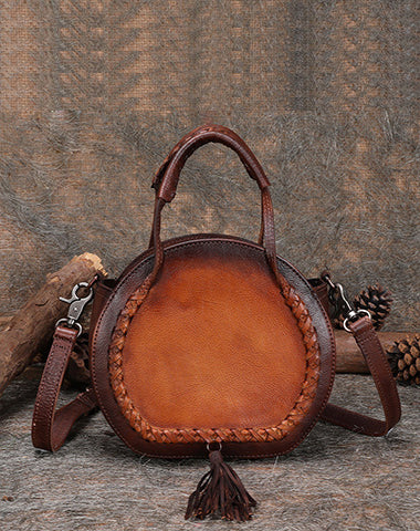 Womens Brown Leather Round Handbag Purses with Tassels Vintage Handmade Round Shoulder Bag Crossbody Handbag for Women