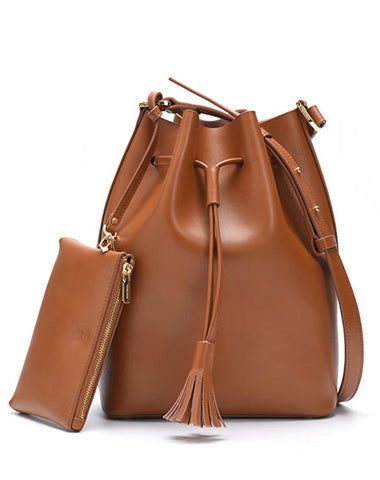 Brown Genuine Leather bucket bag shoulder bag for women leather Barrel crossbody bag