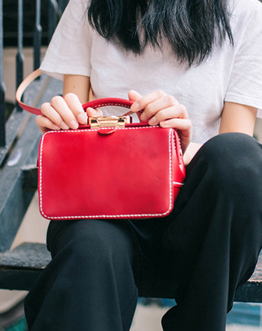 Handmade Womens Red Leather Doctor Handbag Purse Small Side Bag Doctor Bags for Women