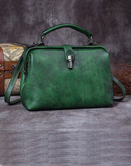 Handmade Green Leather Handbag Vintage Doctor Bag - Front View