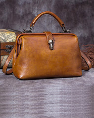 Handmade Tan Leather Handbag Vintage Doctor Bag - Front View