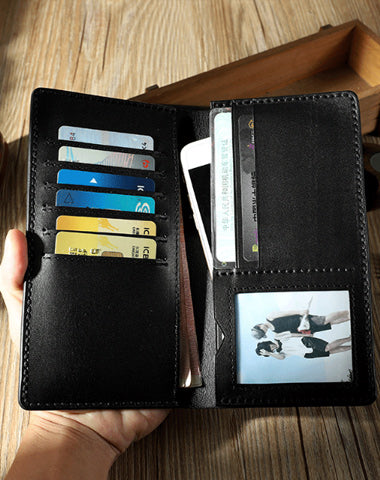 Handmade Black Leather Mens Bifold Long Wallets Personalized Black Checkbook Wallet for Men