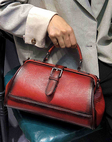 Vintage Womens Red Leather Doctor Handbag Purse Handmade Doctor Shoulder Bag for Women