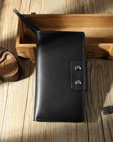 Handmade Black Leather Mens Bifold Long Wallets Personalized Black Checkbook Leather Wallets for Men