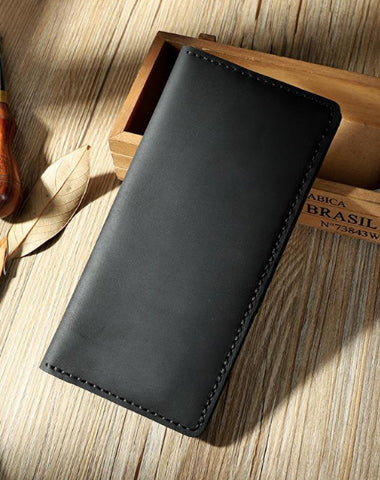 Handmade Black Leather Mens Bifold Long Wallet Personalized Black Checkbook Wallets for Men