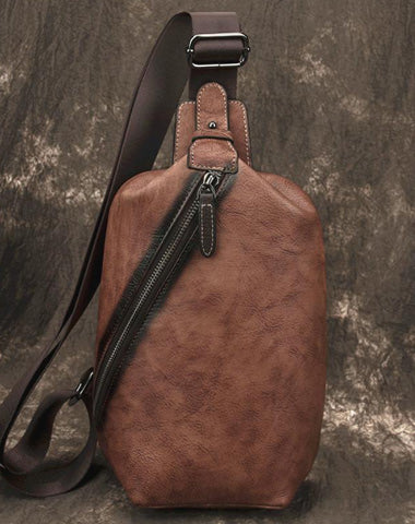 Vintage Brown LEATHER MENS One Shoulder Backpack Fashion Chest Bag Retro Brown Sling Bag For Men