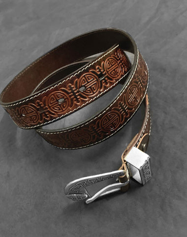 Vintage Chinese Coffee Leather Metal Belt Motorcycle Belt Black Leather Round Belt For Men