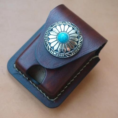 Mens Leather Coffee Handmade Armor Zippo Lighter - Back View