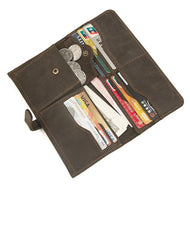 Coffee Leather Long Wallet for Men Checkbook Wallet Bifold Long Wallet With Coin Pocket For Men