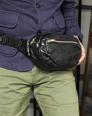 Handmade Distressed Black Leather Men Fanny Pack Waist Bag Hip Pack Belt Bag Bumbag for Men