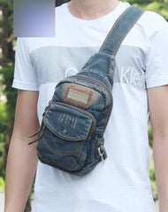 Fashion Jean Blue Mens Sling Bag Chest Bags Blue Denim One Shoulder Backpacks Sling Pack For Men