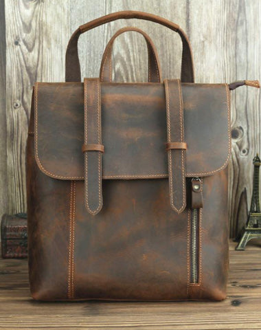 Badass Brown Leather Men's 12 inches Side Courier Bag Bag Computer Backpack School Backpack For Men