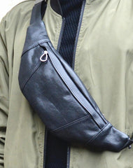 Slim Leather Black Fanny Pack Men's Black Chest Bag Hip Bag Small Waist Bags For Men