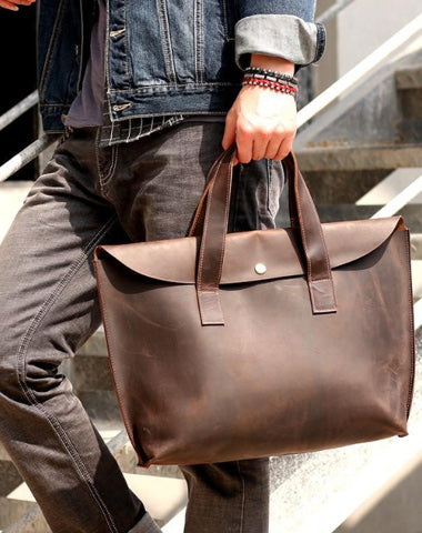 Vintage Dark Brown Mens Leather Briefcase Work Handbag Brown 15'' Computer Briefcases For Men