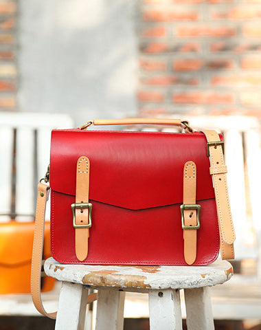 Womens Handmade Red Leather Satchel Handbag Cambridge Structured Satchel Shoulder Purse