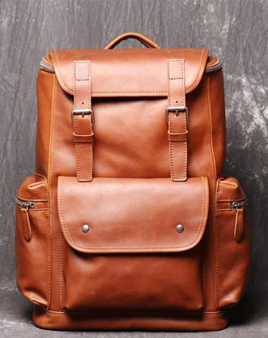 Cool Brown Mens Leather 15.6 inches Large School Backpack Travel Backpack for Men