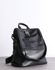 Black Nylon Satchel Backpack Womens School Shoulder Backpack Purse Black Nylon Leather Travel Rucksack for Ladies