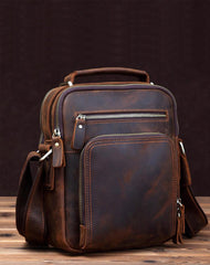 Small Brown Leather Messenger Bag Men's Vertical Side Bag Mini Vertical HandBag Courier Bag For Men