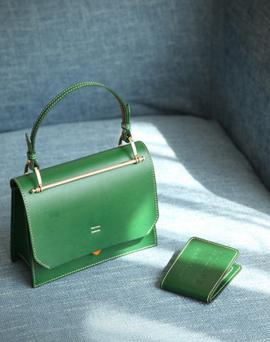 Fashion Womens Green Leather Flap Over Handbag Purse Handmade Square Crossbody Bag Shoulder Bag Purse