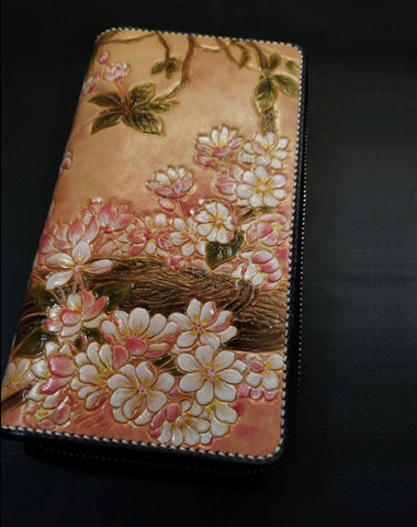 Brown Leather Women Cherry Blossom Tree Biker Wallet Handmade Tooled Z