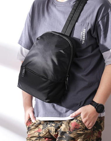 Cool Black Nylon Backpack Men's Sling Bag Chest Bag Black One shoulder Backpack Sling Pack For Men