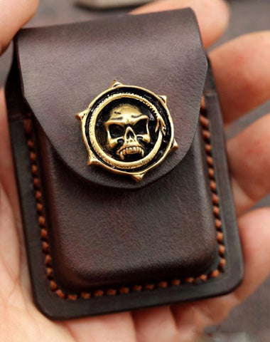 Skull Brown Leather Mens S.T.Dupont Lighter Cases Ronson Lighter Holder For Men