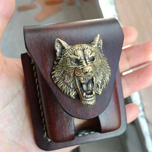 Handmade Coffee Wolf Leather Mens Armor Zippo - Back View