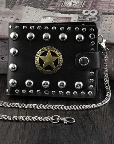 Punk Black Leather Men's Star Small Biker Wallet Chain Wallet Rock Rivet Black billfold Wallet with Chain For Men