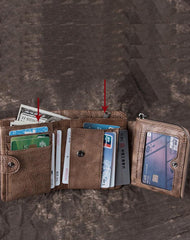 Cool Leather Brown Men's Zipper Blue billfold Small Wallet Trifold Wallet Card Wallet For Men