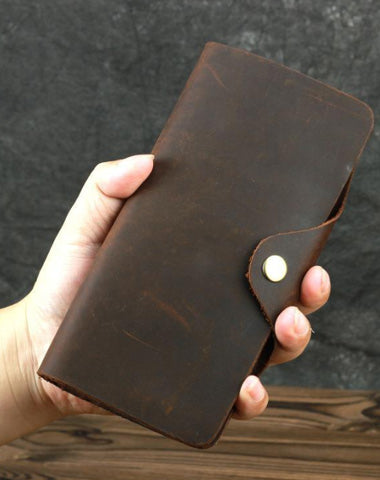 Coffee Leather Long Wallet for Men Trifold Long Wallet Leather Multi-Cards Wallet For Men