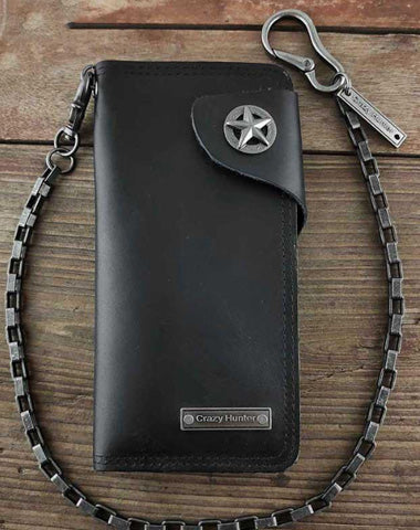 Badass Black Leather Men's Punk Star Long Biker Chain Wallet Long Wallet Chain For Men