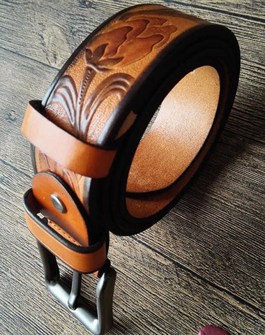Cool Handmade Embossed Brown Tooled Leather Mens Belt Dark Brown Leather Belts for Men