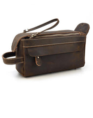 Brown Leather Men's Clutch Bag Double Zipped Dark Brown Wristlet Handbag Storage Bag For Men