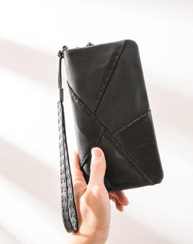 Cool Black Leather Mens Long Wallet Zipper Clutch Wallet Long Wallet Phone Bag Wristlet Wallet for Men