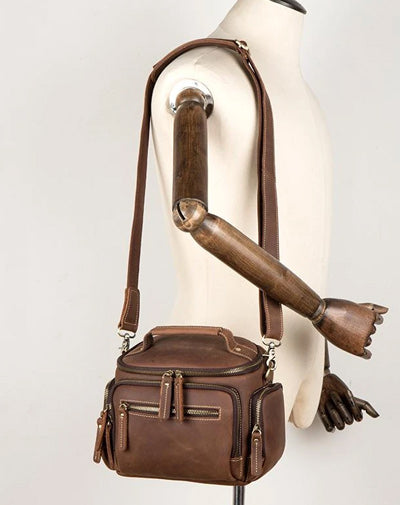 Vintage Dark Brown Leather Mens Camera Shoulder Bag Small Messenger Bag Courier Bag for Men