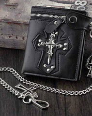 Punk Black Leather Men's Small Biker Wallet Chain Wallet Skull Cross billfold Wallet with Chain For Men