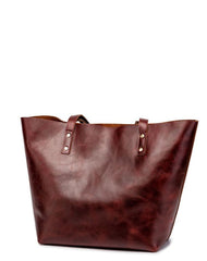 Mens Womens Leather Red Brown Tote Handbag - Front View