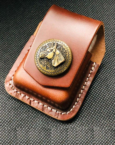 Brown Handmade Leather Mens Horse Zippo Lighter Holders Lighter Case For Men
