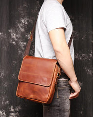 Best Brown Leather Men's Vertical Side Bag Brown Courier Bag Vertical Messenger Bag For Men