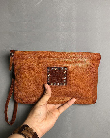 Handmade Genuine Leather Mens Clutch Cool Slim Wallet Zipper Clutch Wristlet Wallet for Men