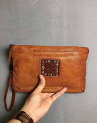Handmade Genuine Leather Mens Clutch Cool Slim Wallet Zipper Clutch Wristlet Wallet for Men