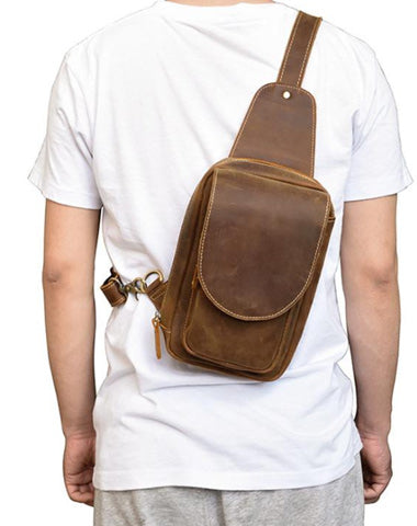 Leather Men's 8 inches Brown Sling Bag Chest Bag Dark Brown One Shoulder Backpack For Men