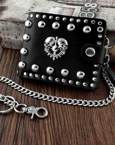 Punk Black Leather Men's Small Biker Wallet Chain Wallet Skull billfold Wallet with Chain For Men