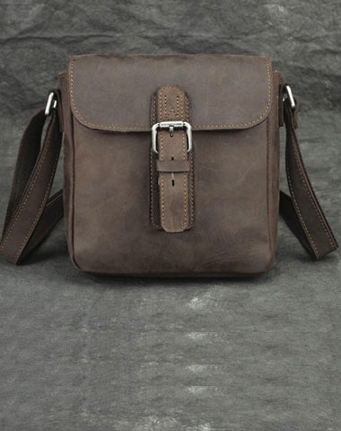 Badass Dark Brown Leather Men's 8 inches Small Side Bag Vertical Postman Messenger Bag For Men