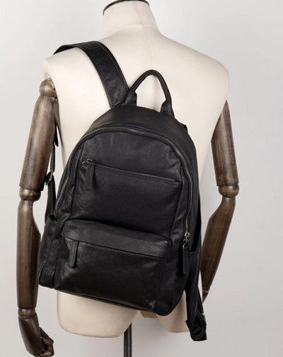 Fashion Black Mens Leather 13-inch Computer Backpack Black Travel Backpack School Backpack for men