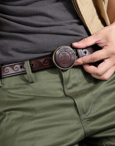 Genuine Tooled Leather Mens Embossed Black Belt Smooth Buckle Belt Brown Around Belt For Men