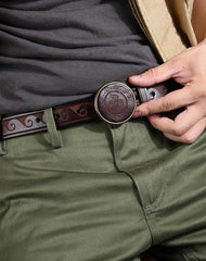 Genuine Tooled Leather Mens Embossed Black Belt Smooth Buckle Belt Brown Around Belt For Men