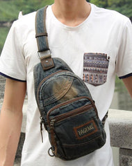 Jean Blue Mens 8 inches Sling Bag Chest Bags Fashion Denim One Shoulder Backpack For Men