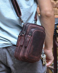 Cool Mens Leather Barrel Belt Pouch Mini Shoulder Bag Waist Bag Belt Phone Holster For Men